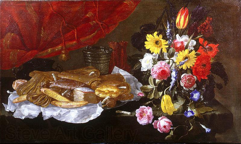 Giuseppe Recco A Still Life of Roses, Carnations, Tulips and other Flowers in a glass Vase, with Pastries and Sweetmeats on a pewter Platter and earthenware Pots, on